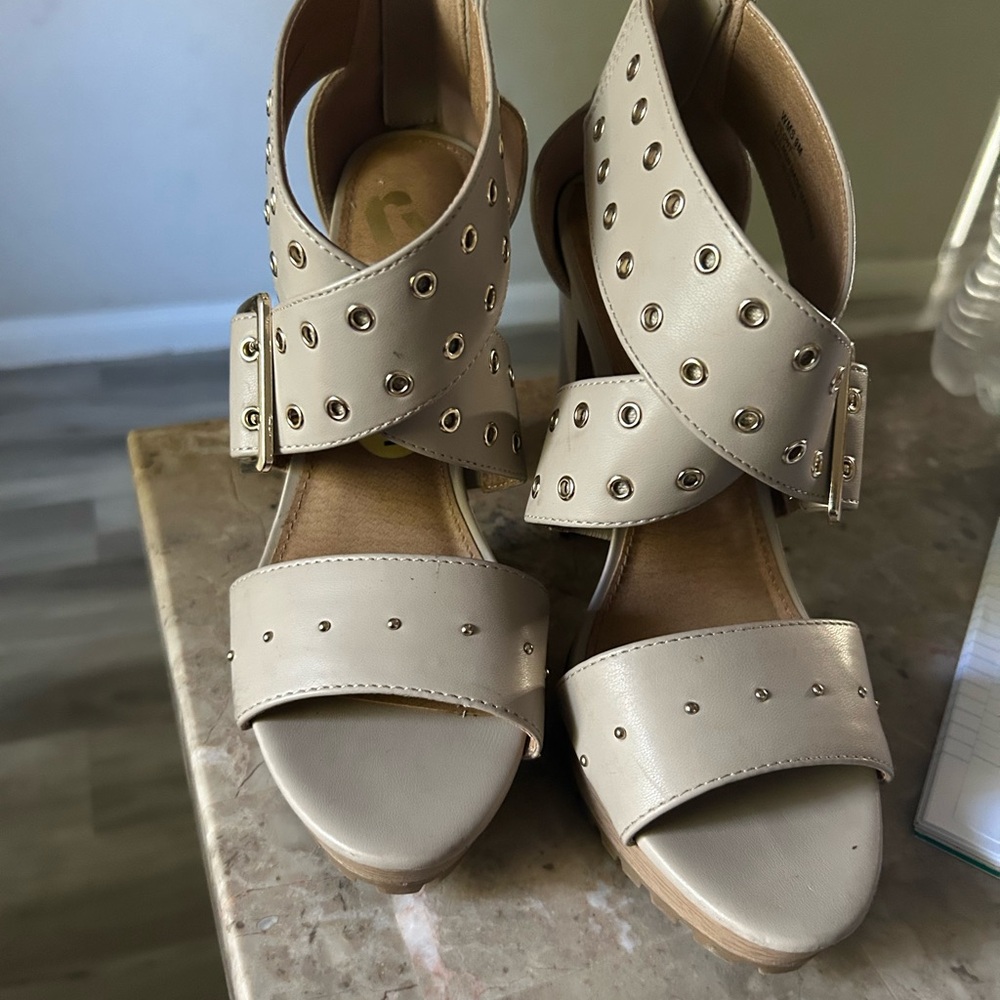 Report Signature Cream Heels with Stud Accents